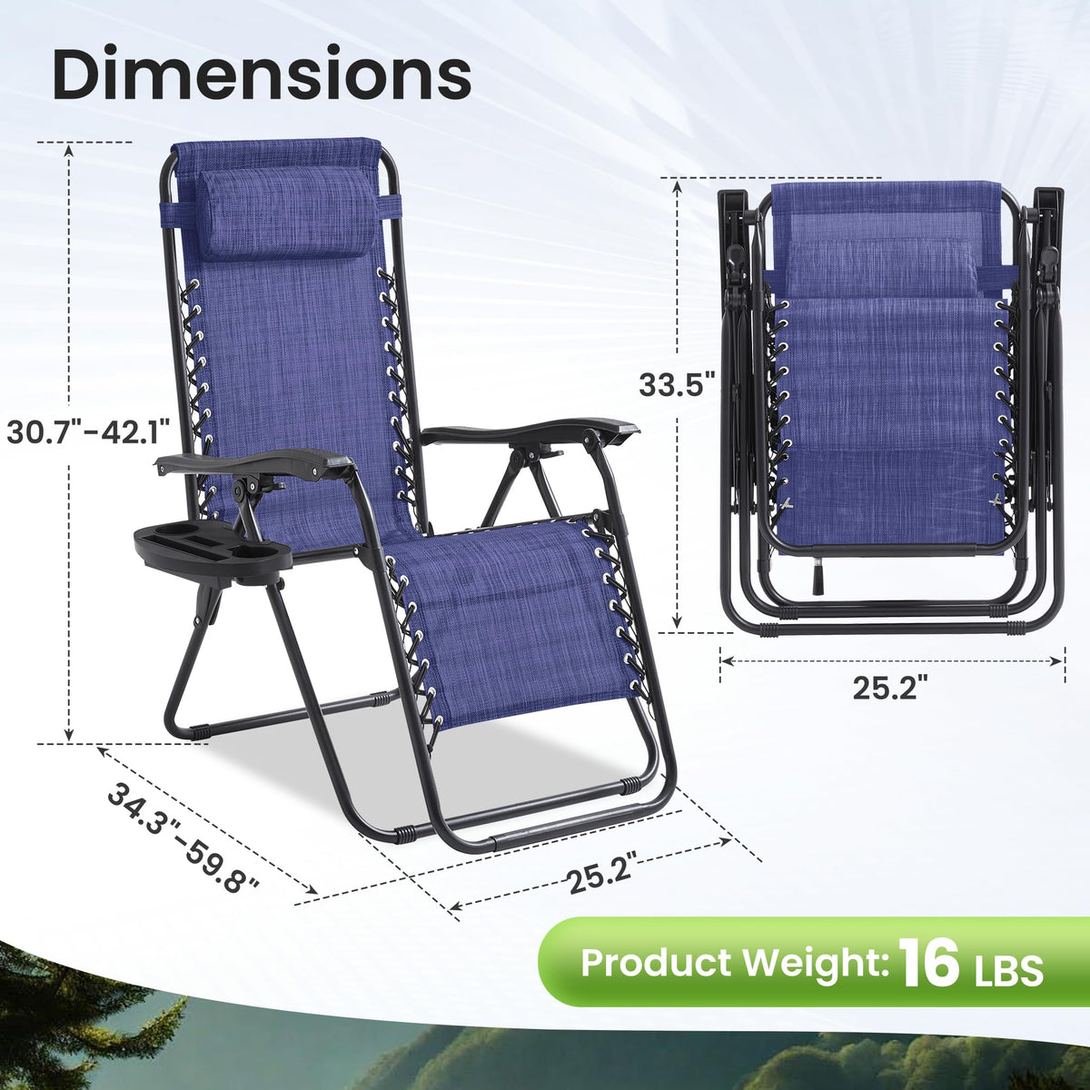2 Pack Blue 7-Position Adjustable Zero Gravity Chairs with Tray Y516957