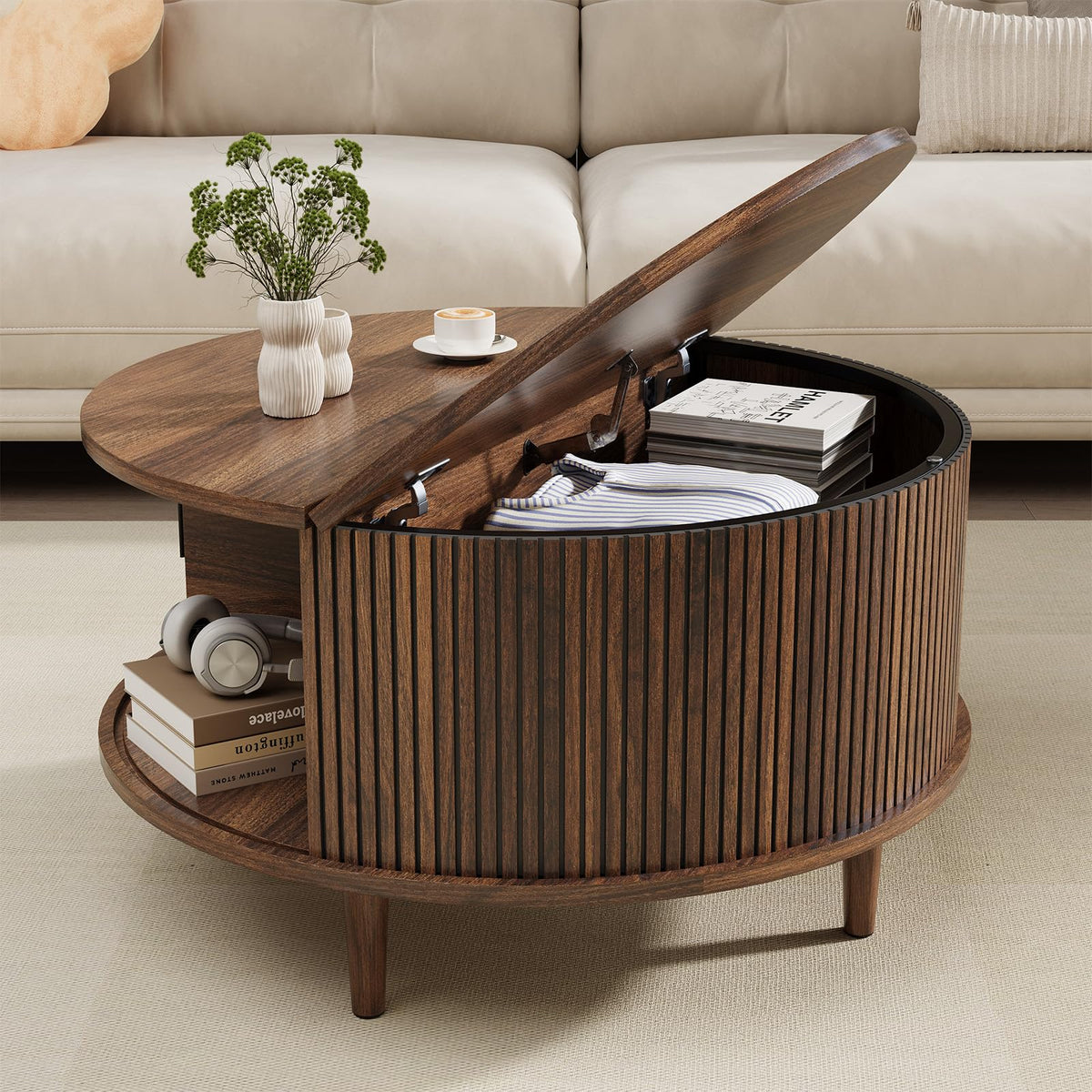 Round Coffee Table with Storage, 31.5", Walnut U379096
