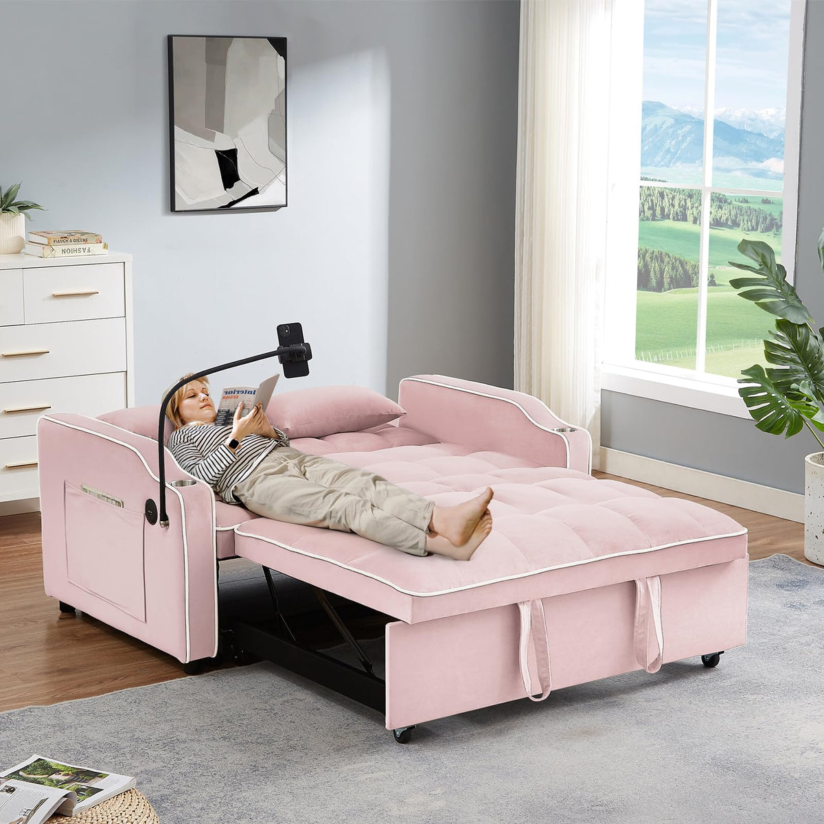 Pink Velvet Convertible Sleeper Sofa Bed U104819