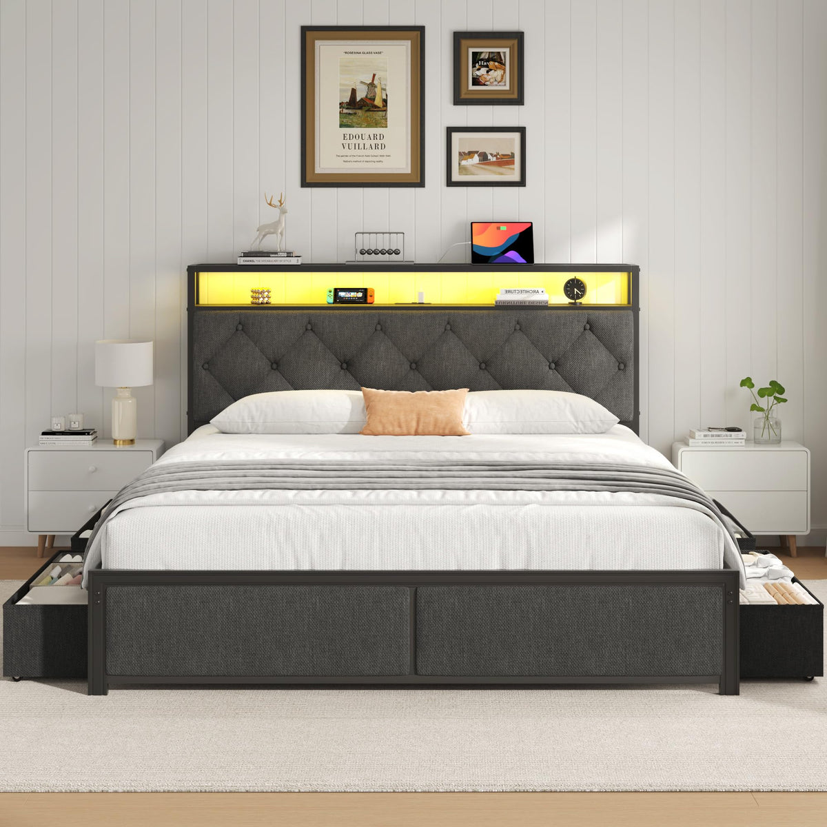 Queen Size Upholstered Bed Frame with 4 Drawers and Storage Headboard Y830892