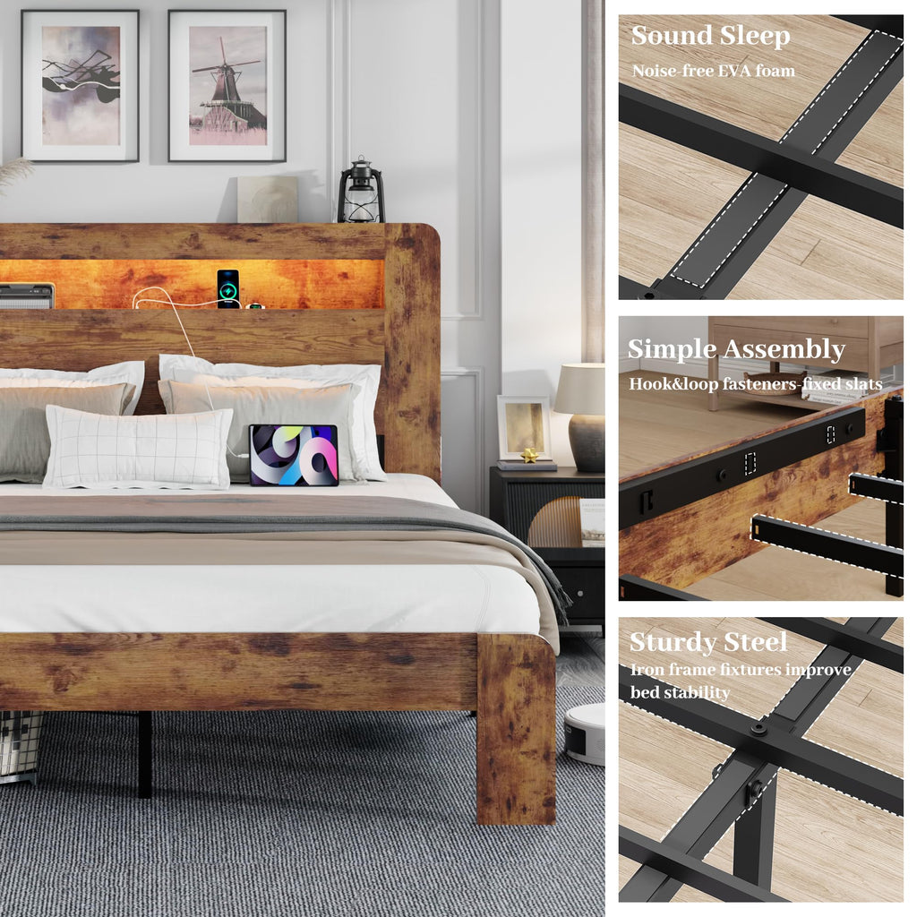 King Size Wooden Bed Frame with Storage Headboard and LED Lights R165781