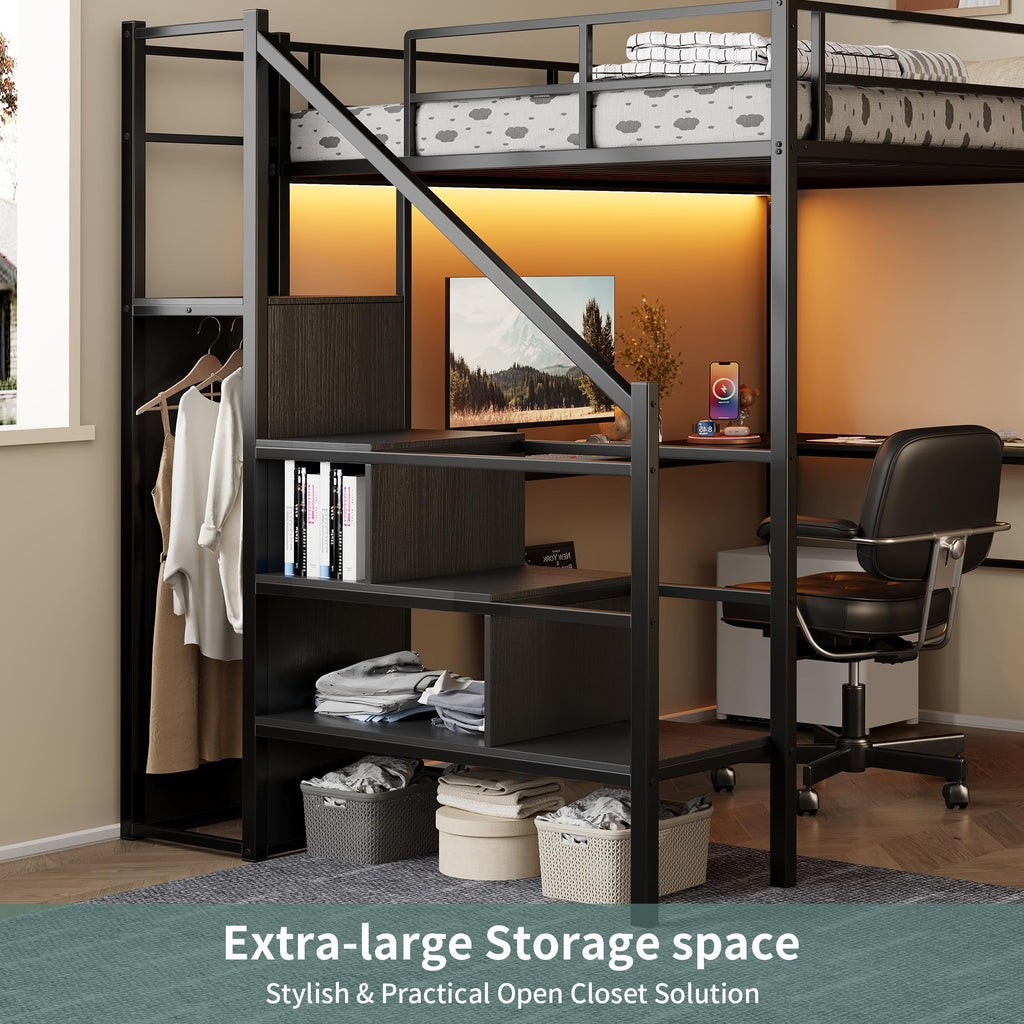 Full Size Metal Loft Bed with Desk & Storage Staircase K461