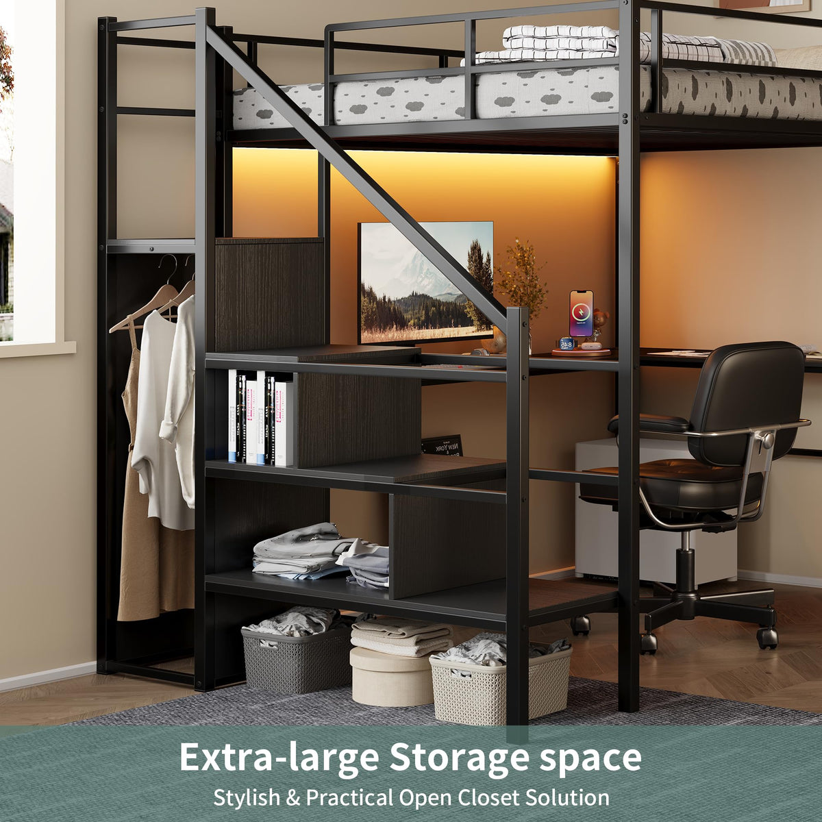 Full Size Metal Loft Bed with Desk & Storage Staircase K461