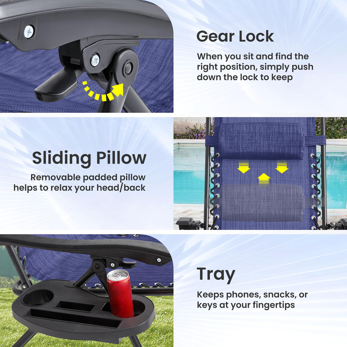 2 Pack Blue 7-Position Adjustable Zero Gravity Chairs with Tray Y516957