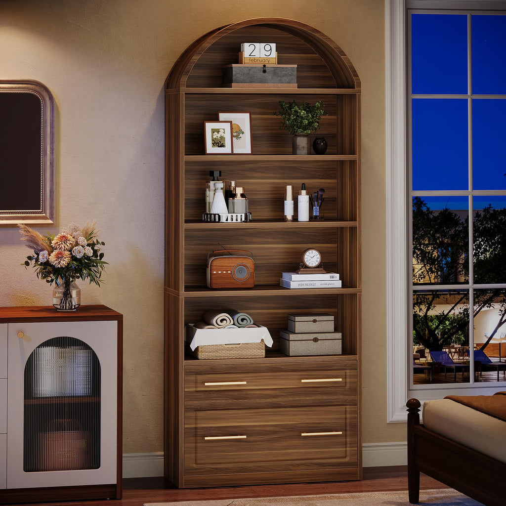 76.8" Tall Arched Bookcase with File Cabinet Drawer, Walnut Brown N416