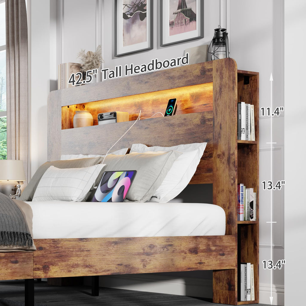 King Size Wooden Bed Frame with Storage Headboard and LED Lights R165781