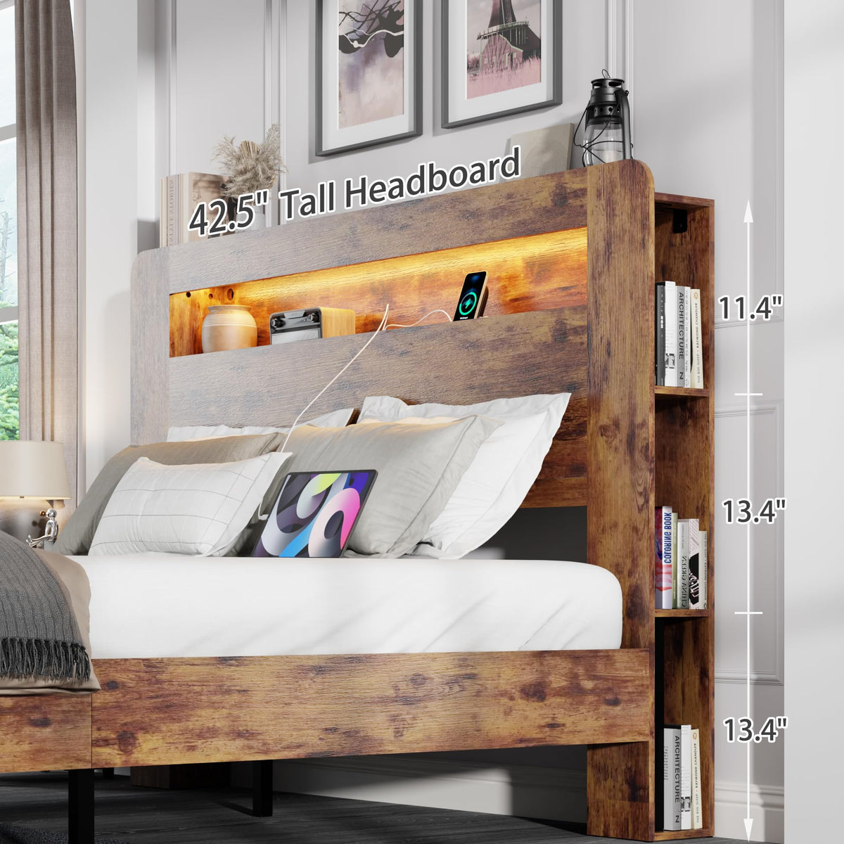 King Size Wooden Bed Frame with Storage Headboard and LED Lights R165781