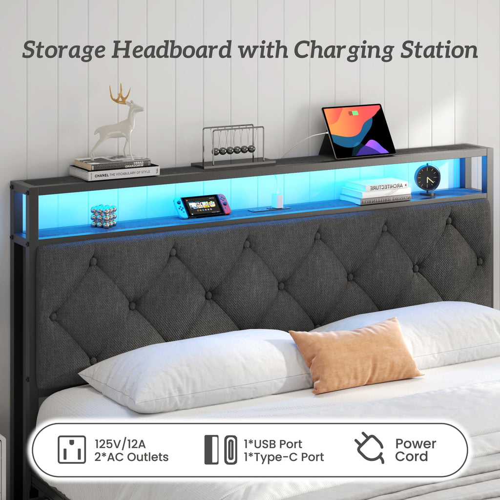 Queen Size Upholstered Bed Frame with 4 Drawers and Storage Headboard Y830892