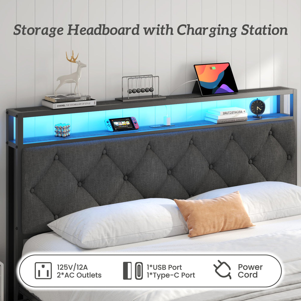 Queen Size Upholstered Bed Frame with 4 Drawers and Storage Headboard Y830892