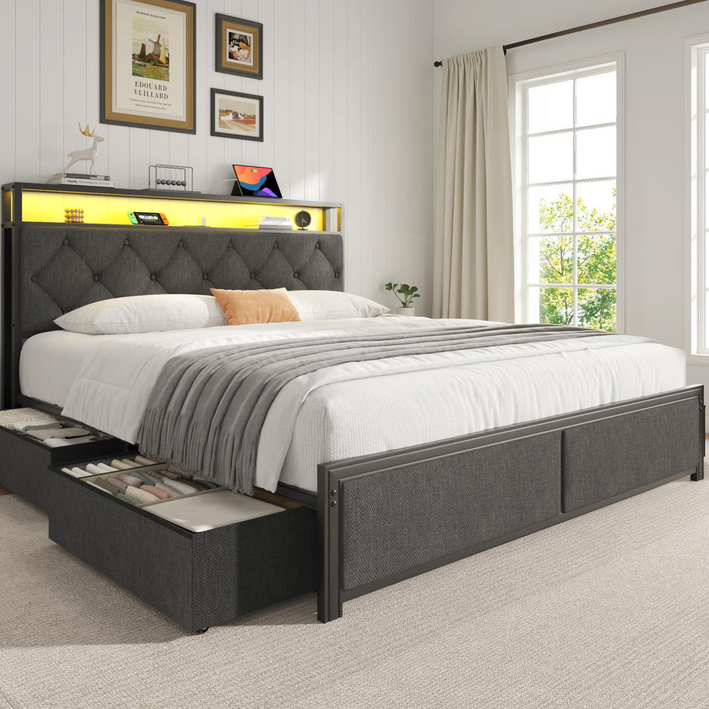 Queen Size Upholstered Bed Frame with 4 Drawers and Storage Headboard Y830892