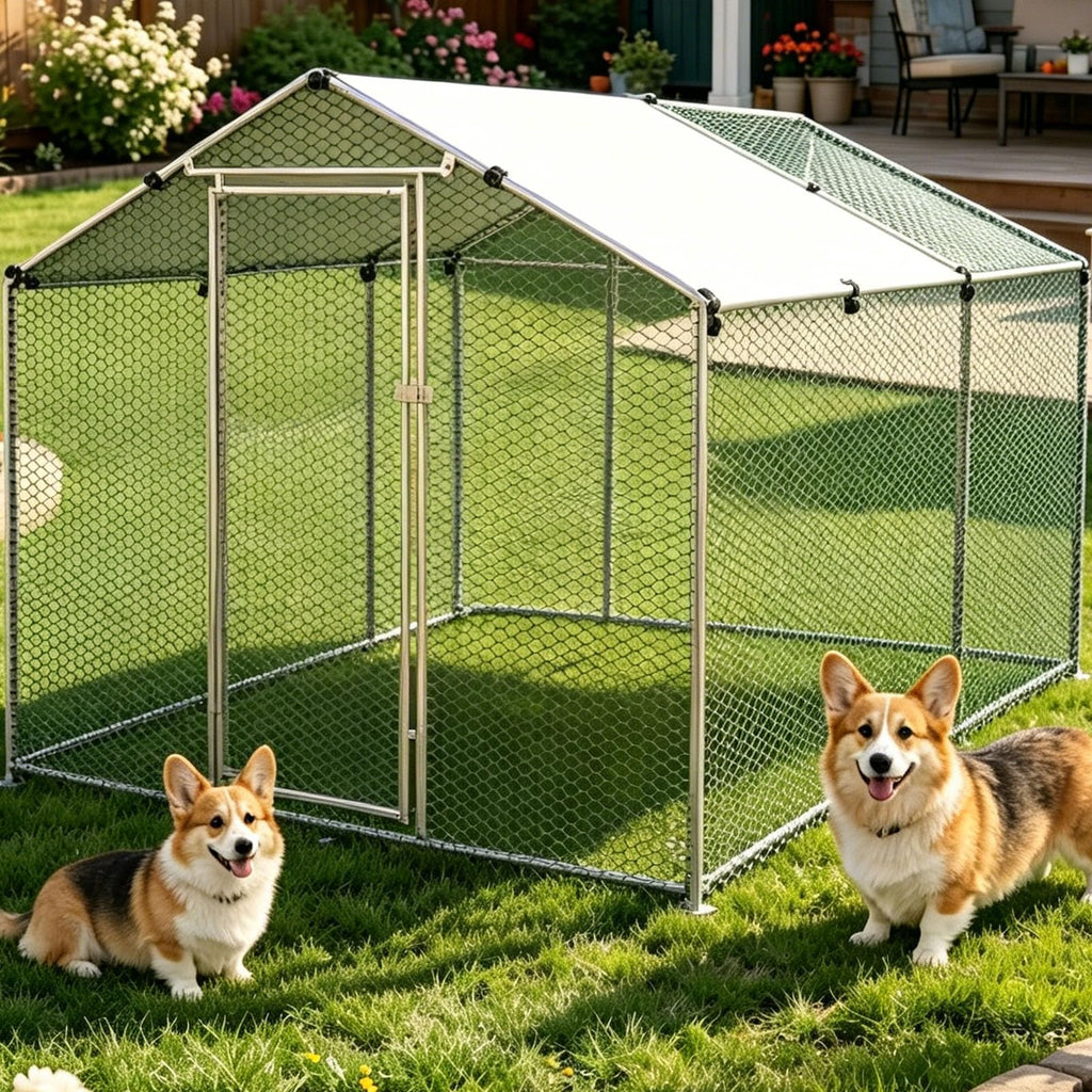 Large Outdoor Dog Kennel Heavy Duty Metal Dog Run with Weatherproof Cover Q4371