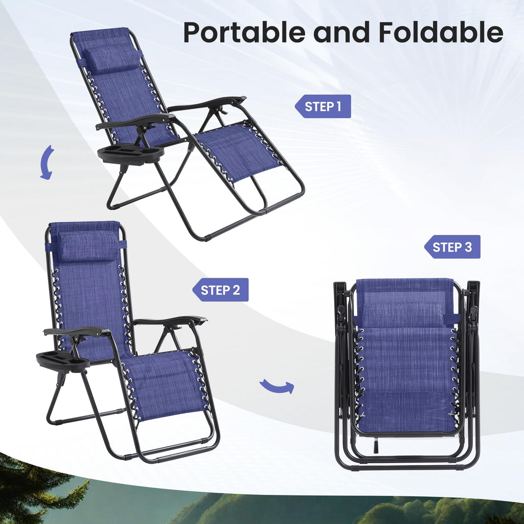 2 Pack Blue 7-Position Adjustable Zero Gravity Chairs with Tray Y516957