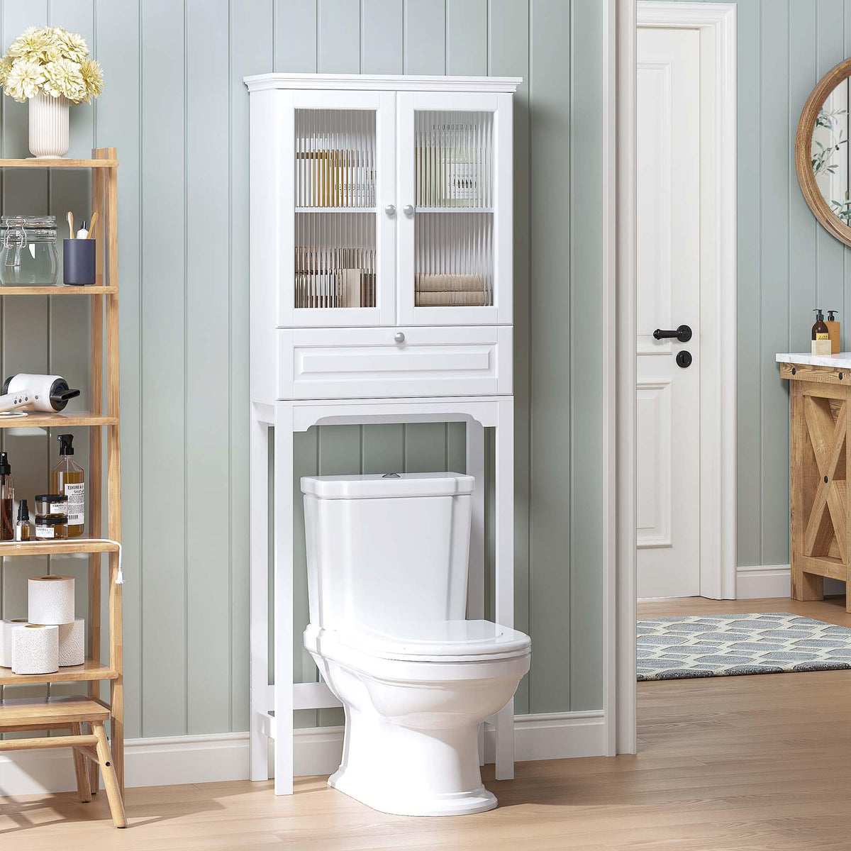 Over the Toilet Storage Cabinet with Glass Doors, White E272580