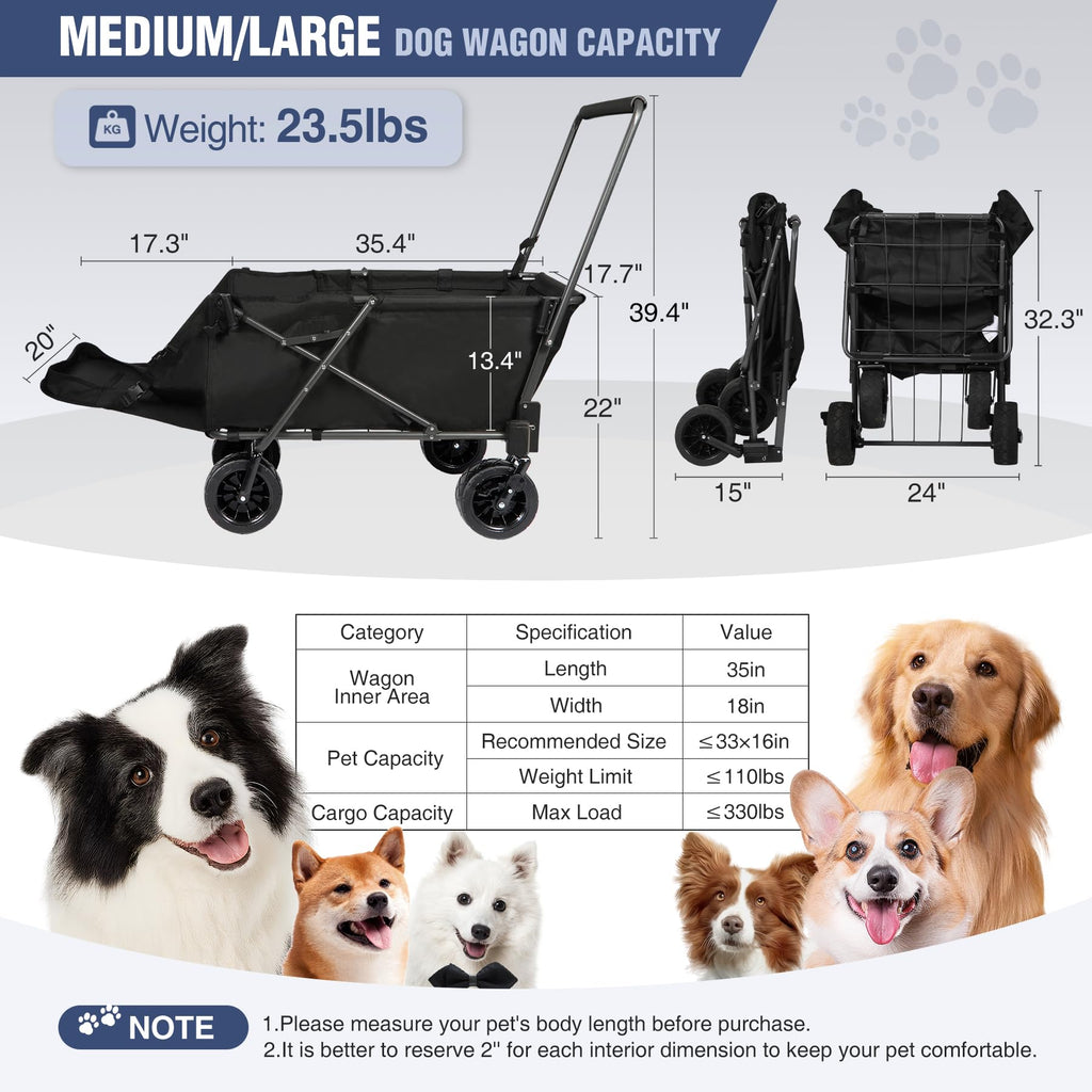 Folding Dog Wagon Cart with Extendable Rear End, 220L Collapsible Utility Cart, Black X681509