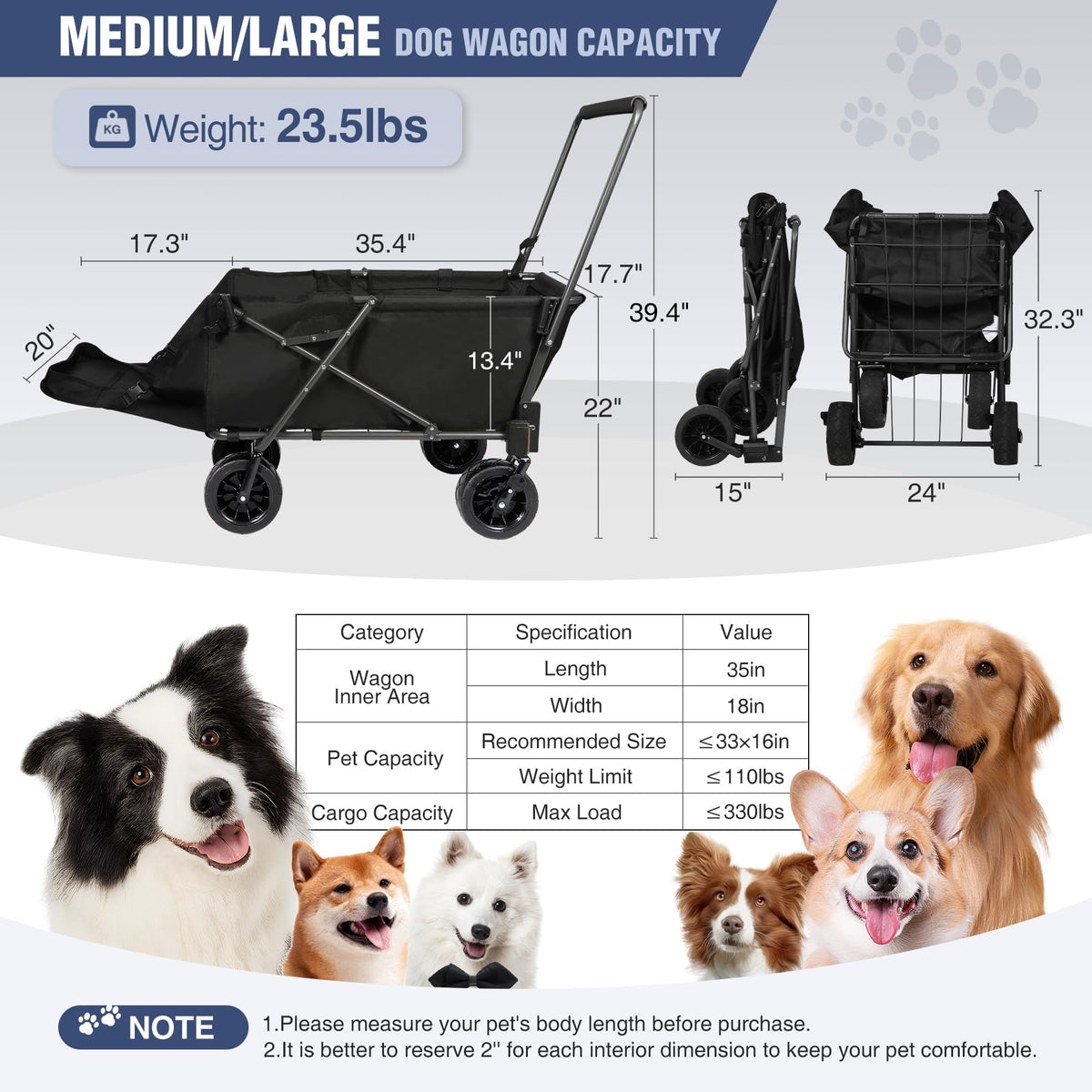 Folding Dog Wagon Cart with Extendable Rear End, 220L Collapsible Utility Cart, Black X681509