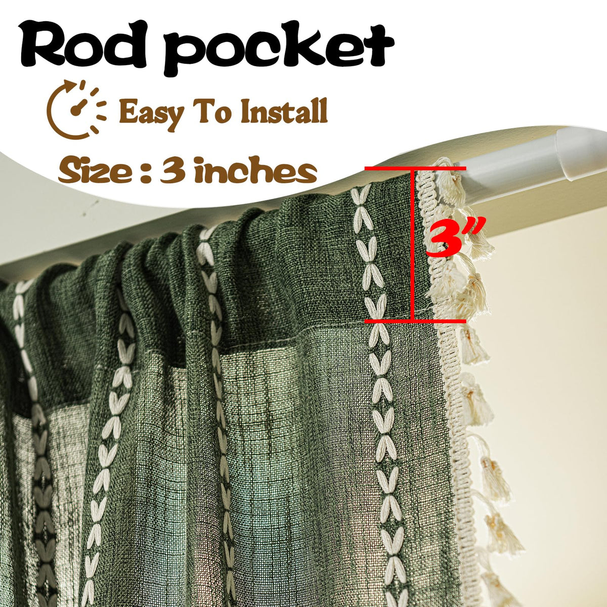 Boho Linen Tassles Light Filtering Door Curtains, Rod Pocket 1 Panel Olive Green Z627