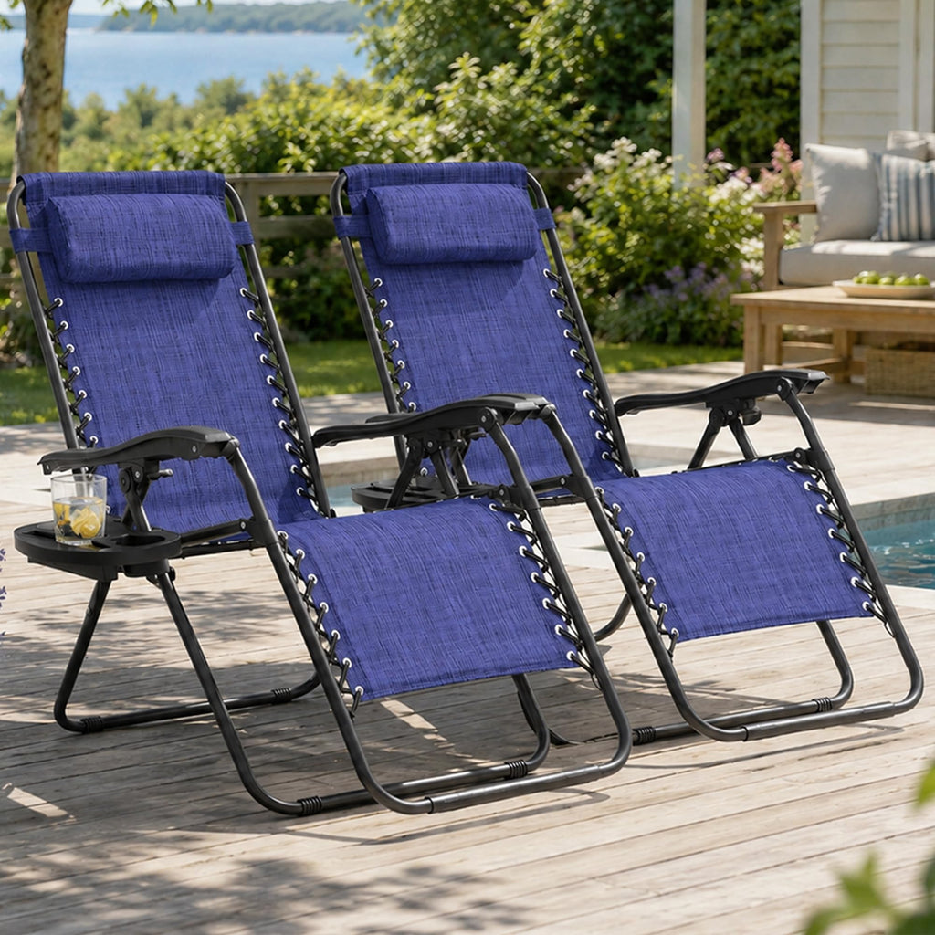 2 Pack Blue 7-Position Adjustable Zero Gravity Chairs with Tray Y516957