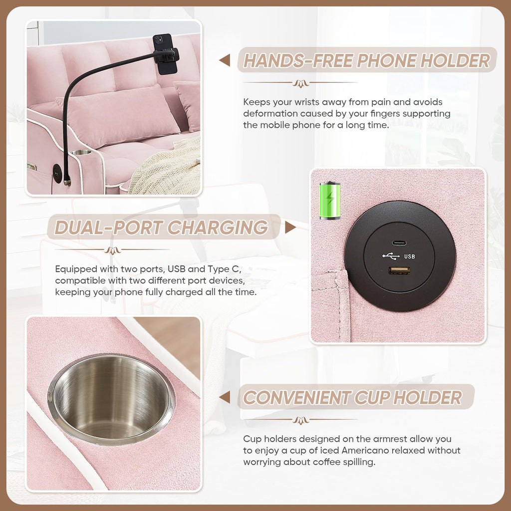 Pink Velvet Convertible Sleeper Sofa Bed U104819