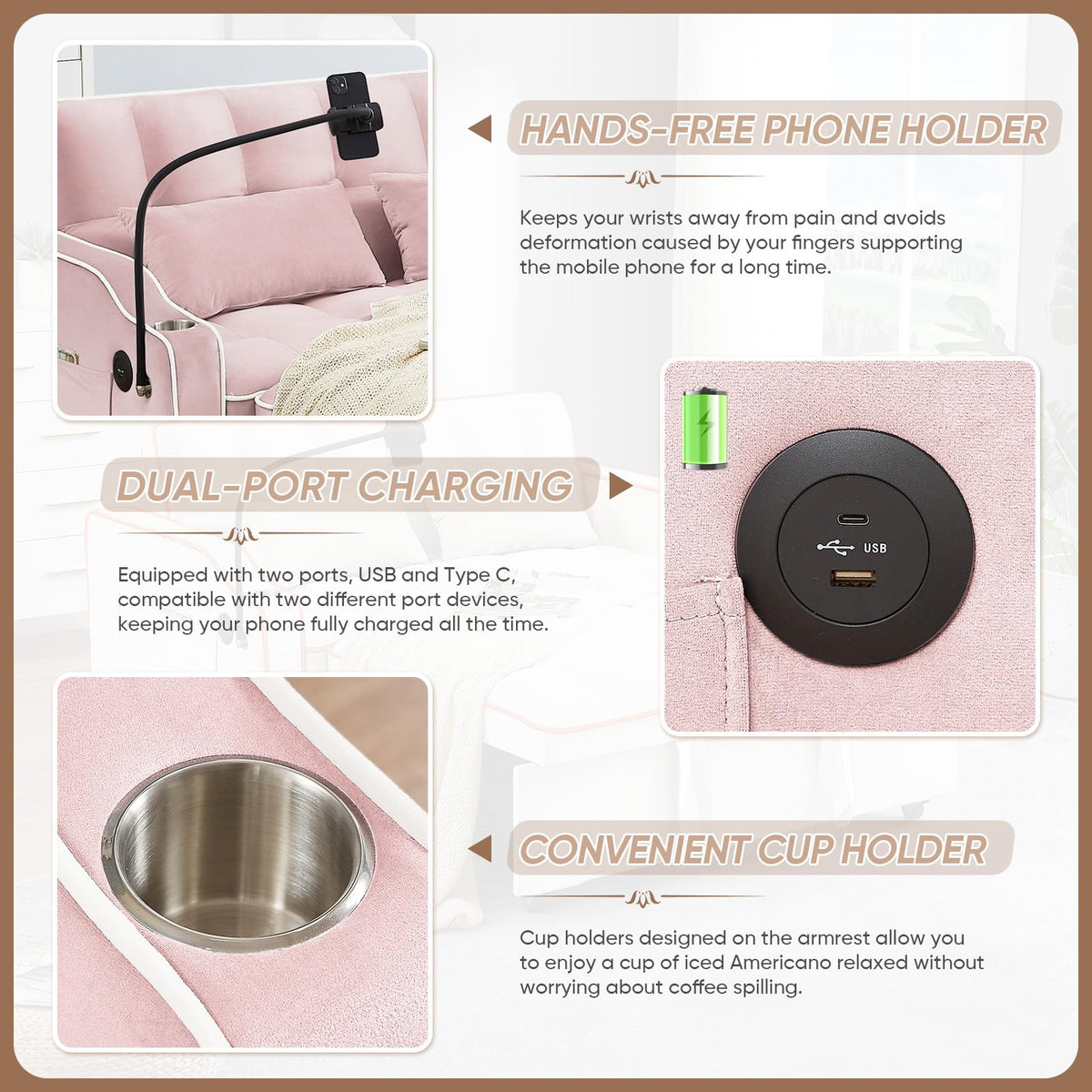 Pink Velvet Convertible Sleeper Sofa Bed U104819