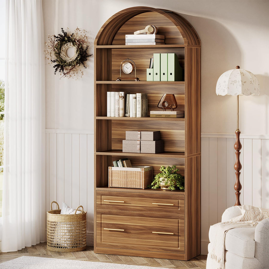 76.8" Tall Arched Bookcase with File Cabinet Drawer, Walnut Brown N416
