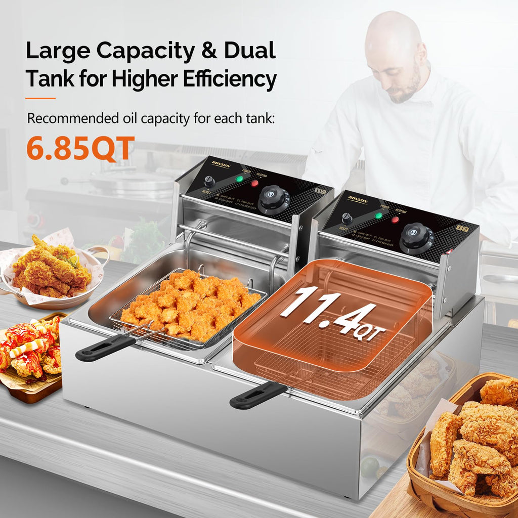 22.8QT Stainless Steel Electric Double Deep Fryer with Baskets & Lids L943936