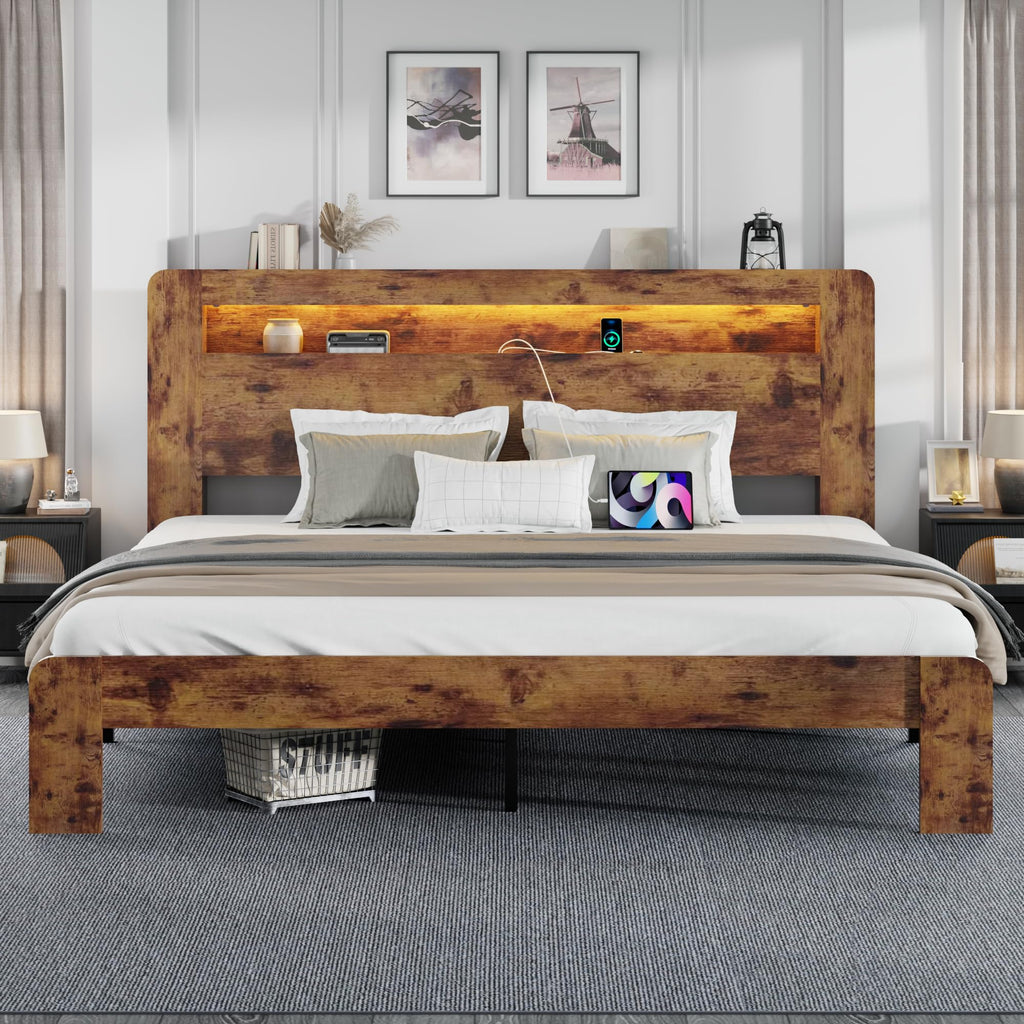 King Size Wooden Bed Frame with Storage Headboard and LED Lights R165781