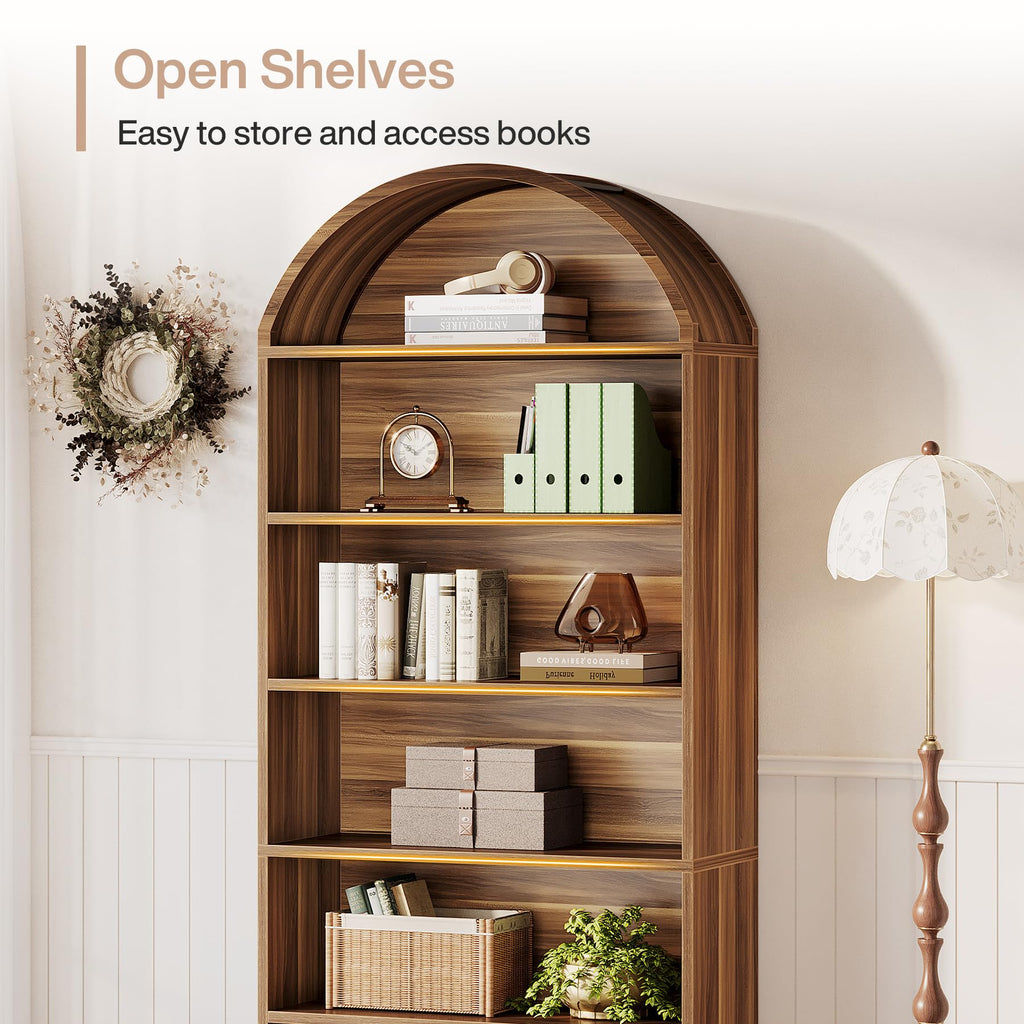 76.8" Tall Arched Bookcase with File Cabinet Drawer, Walnut Brown N416