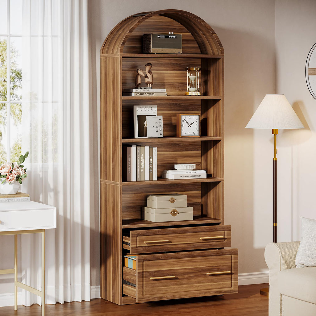 76.8" Tall Arched Bookcase with File Cabinet Drawer, Walnut Brown N416