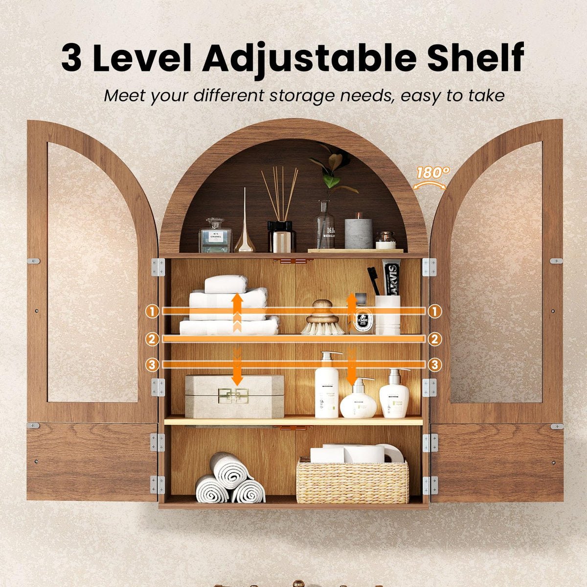 Arched Wall Cabinet with Glass Doors and Adjustable Shelves F22870