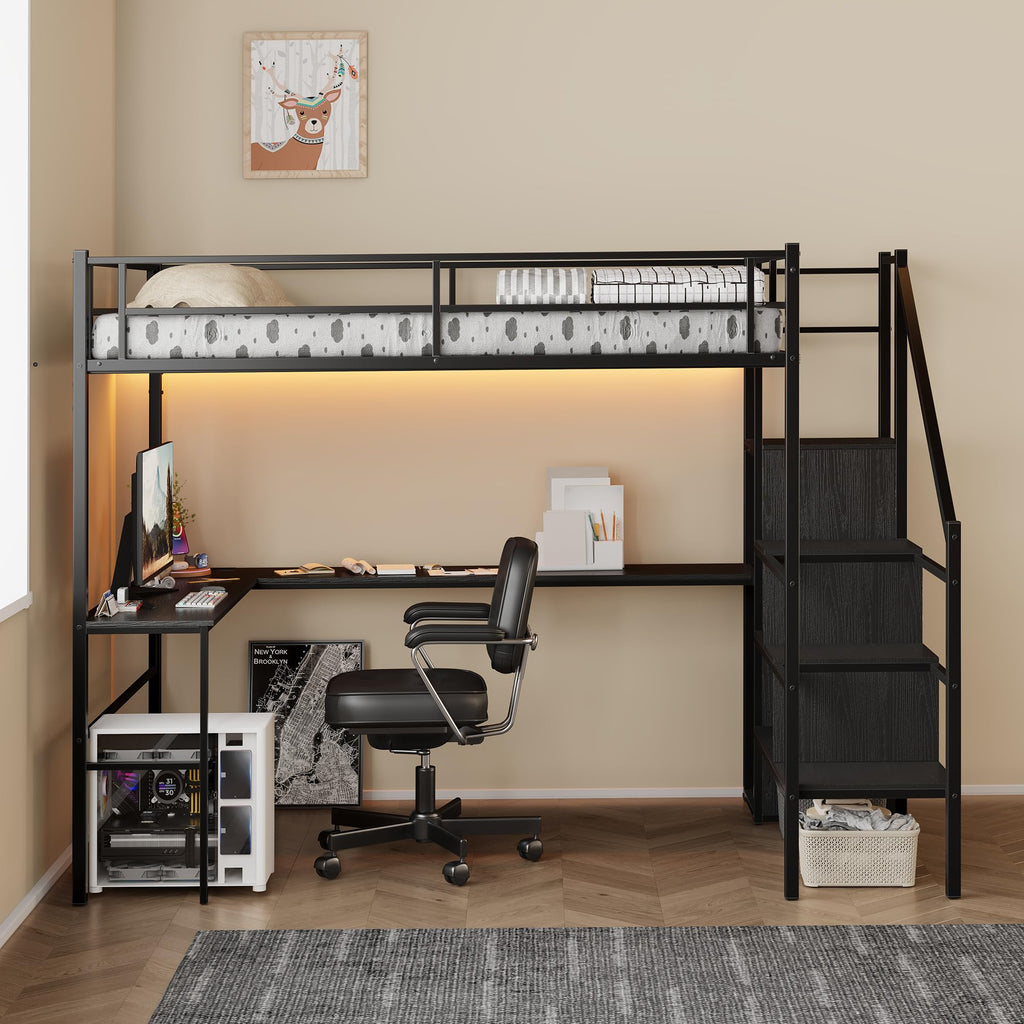 Full Size Metal Loft Bed with Desk & Storage Staircase K461