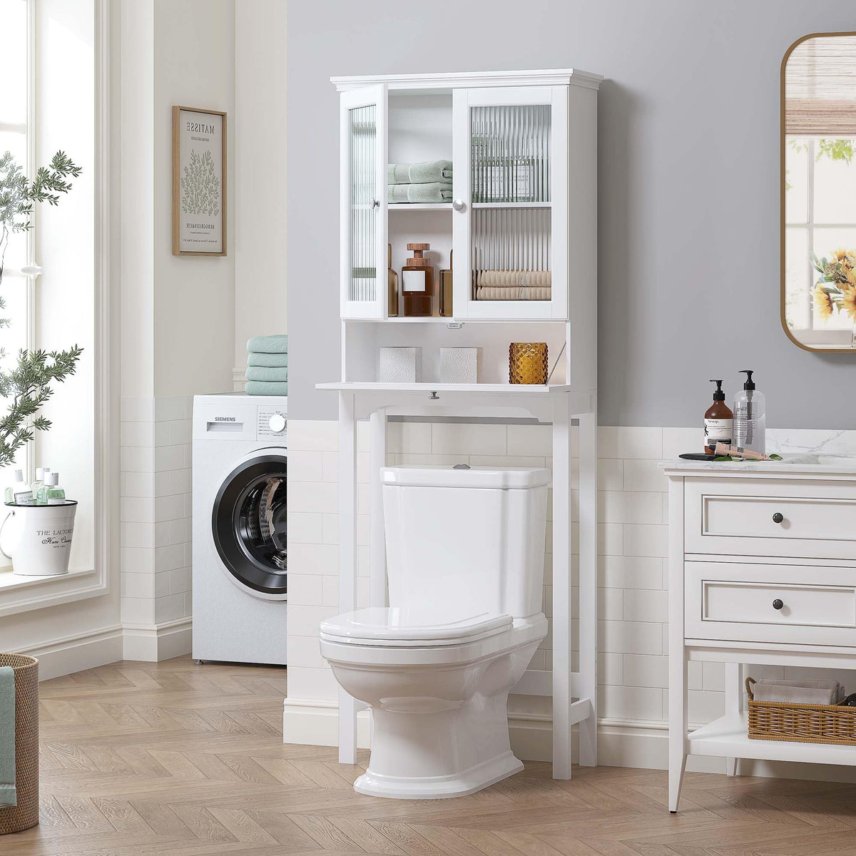 Over the Toilet Storage Cabinet with Glass Doors, White E272580
