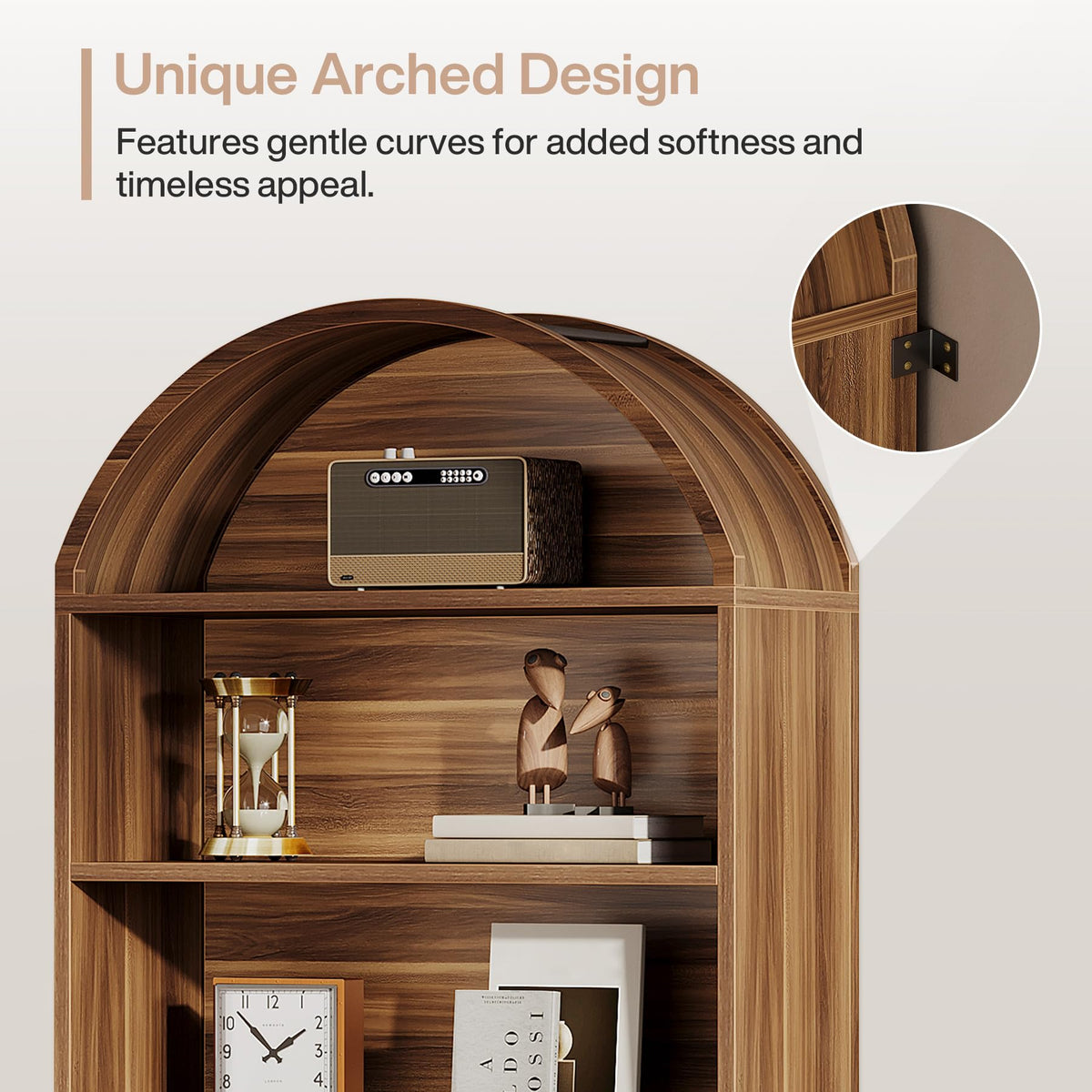76.8" Tall Arched Bookcase with File Cabinet Drawer, Walnut Brown N416