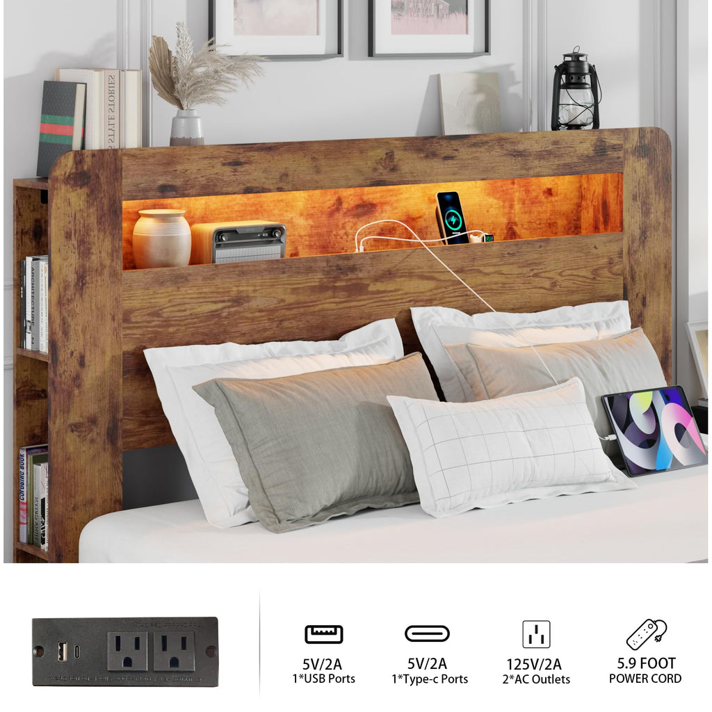 King Size Wooden Bed Frame with Storage Headboard and LED Lights R165781