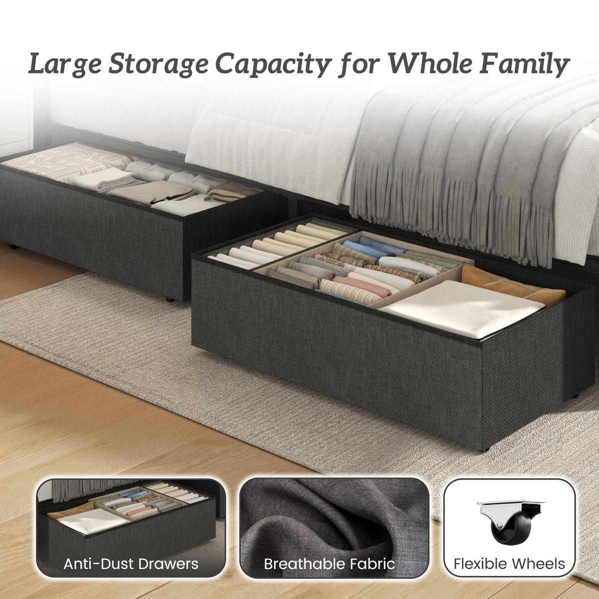 Queen Size Upholstered Bed Frame with 4 Drawers and Storage Headboard Y830892