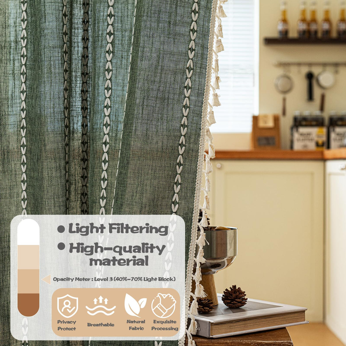 Boho Linen Tassles Light Filtering Door Curtains, Rod Pocket 1 Panel Olive Green Z627