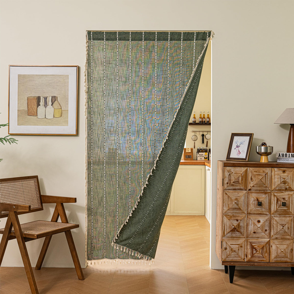 Boho Linen Tassles Light Filtering Door Curtains, Rod Pocket 1 Panel Olive Green Z627