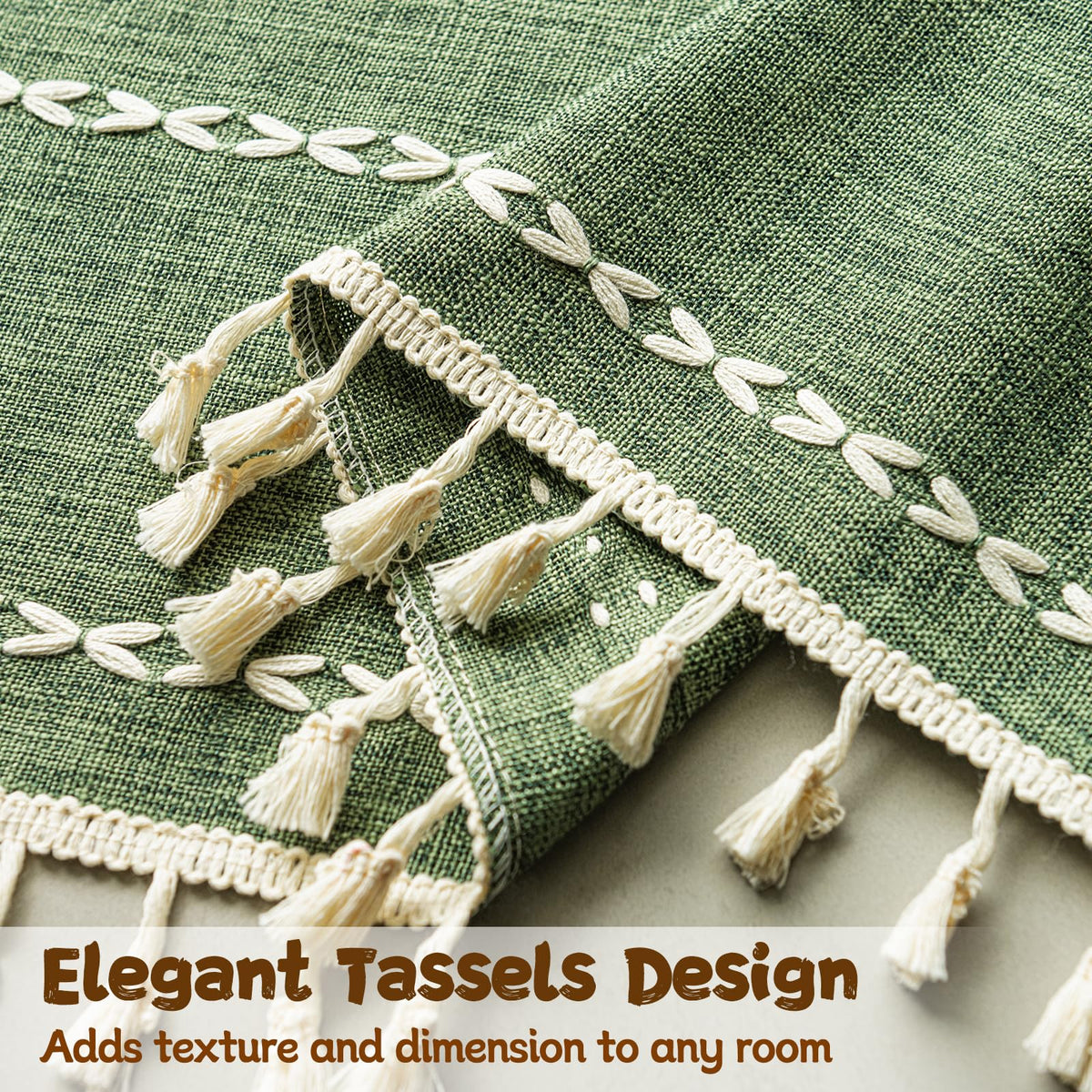 Boho Linen Tassles Light Filtering Door Curtains, Rod Pocket 1 Panel Olive Green Z627