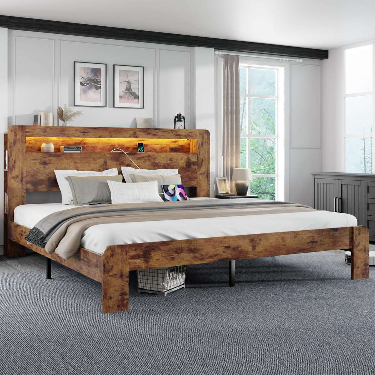 King Size Wooden Bed Frame with Storage Headboard and LED Lights R165781