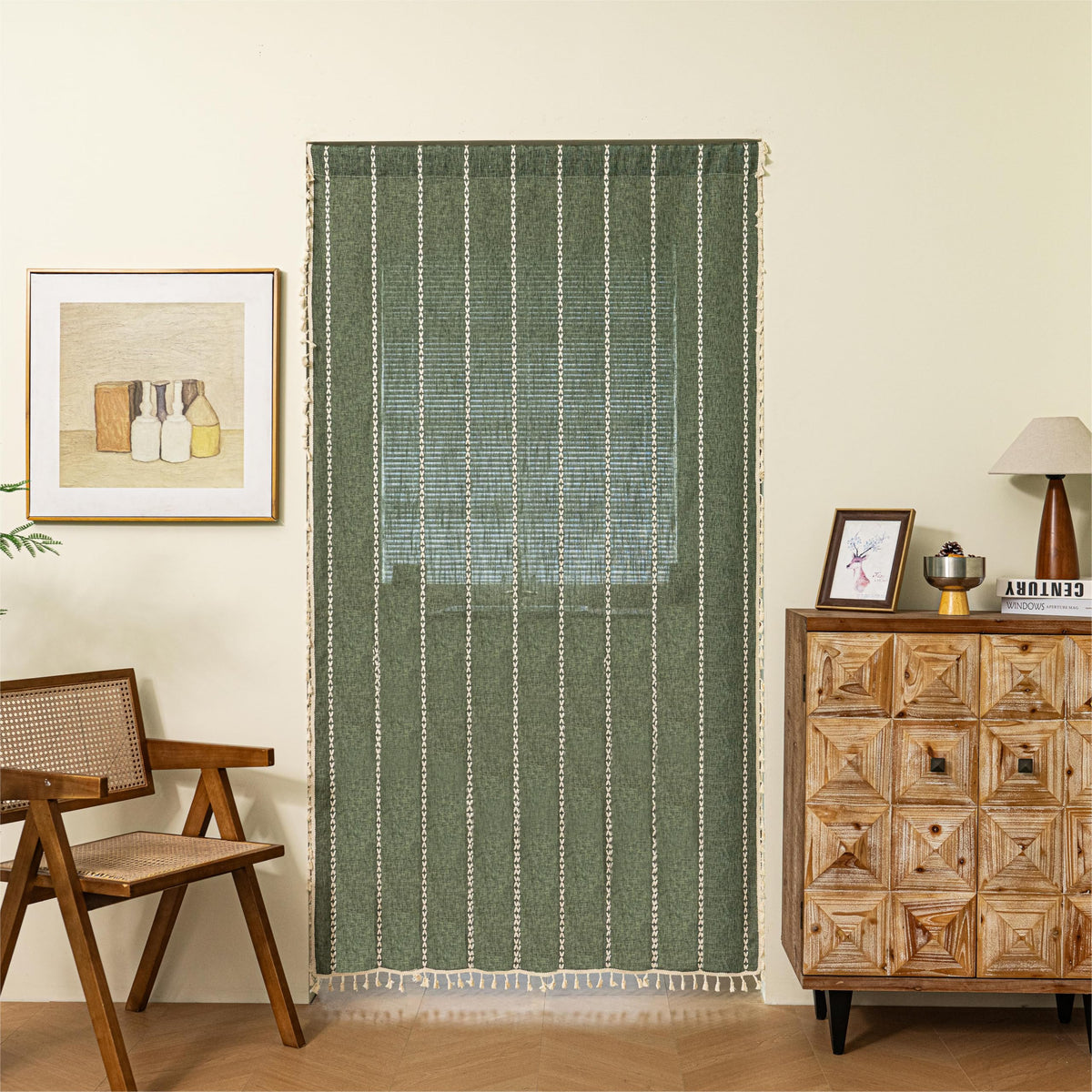 Boho Linen Tassles Light Filtering Door Curtains, Rod Pocket 1 Panel Olive Green Z627