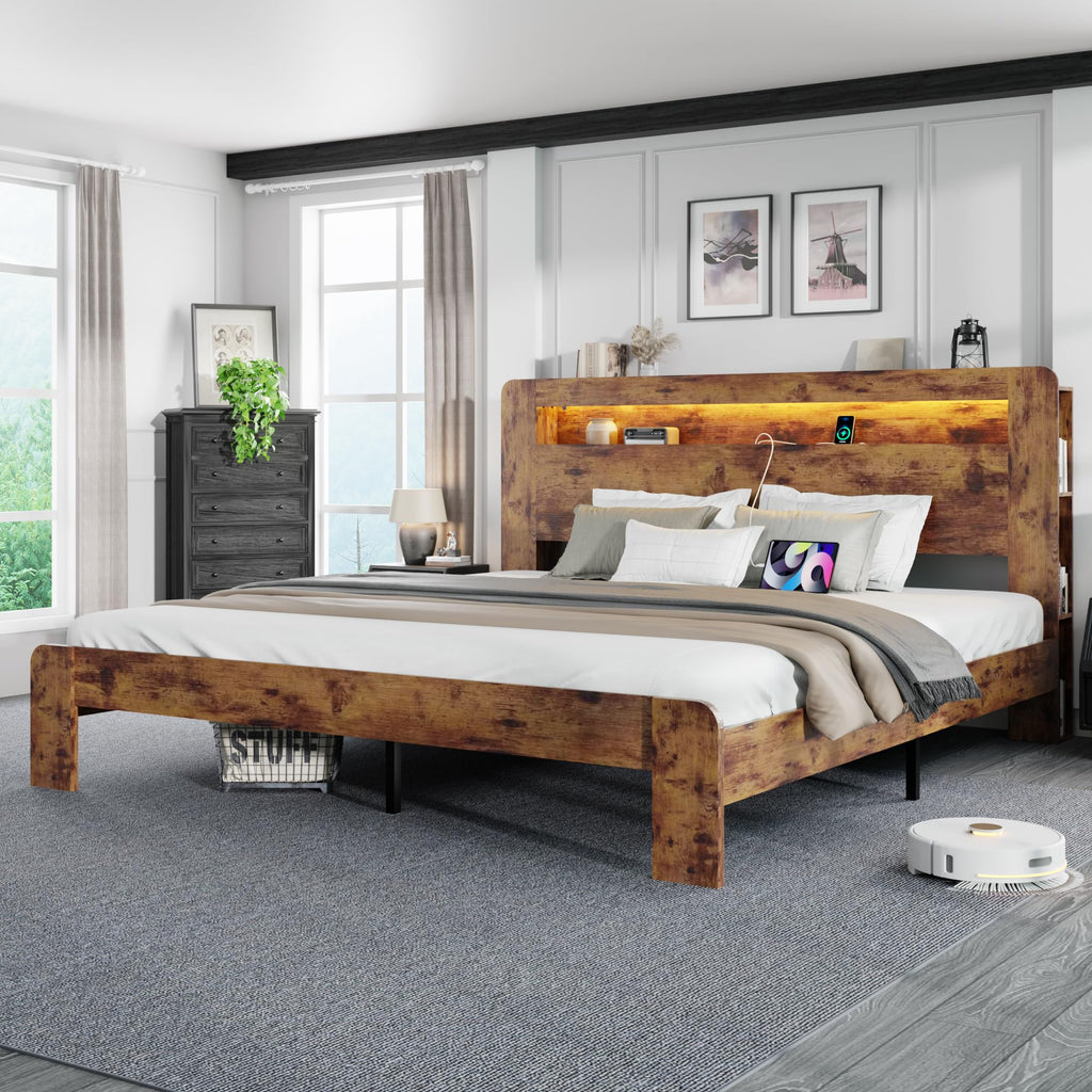King Size Wooden Bed Frame with Storage Headboard and LED Lights R165781