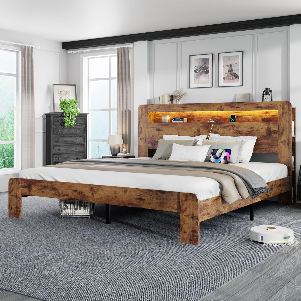 King Size Wooden Bed Frame with Storage Headboard and LED Lights R165781